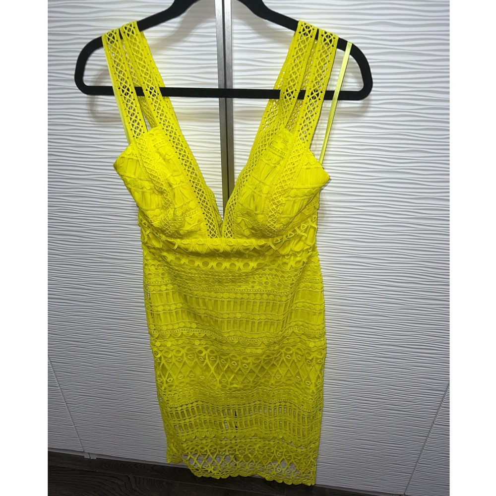 Neon yellow lace midi dress